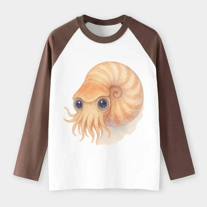 Baby Nautilus - spiral shell, tentacles peeking, ancient eyes, - Raglan Long Sleeve T-Shirt - Coffee