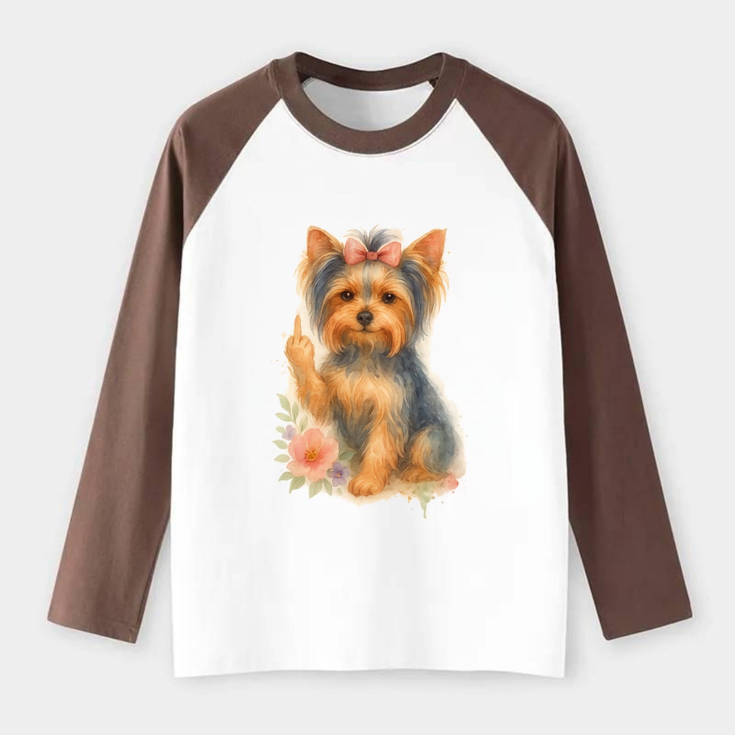 Yorkshire Terrier with topknot bow, one delicate paw flipping off - Raglan Long Sleeve T-Shirt - Coffee