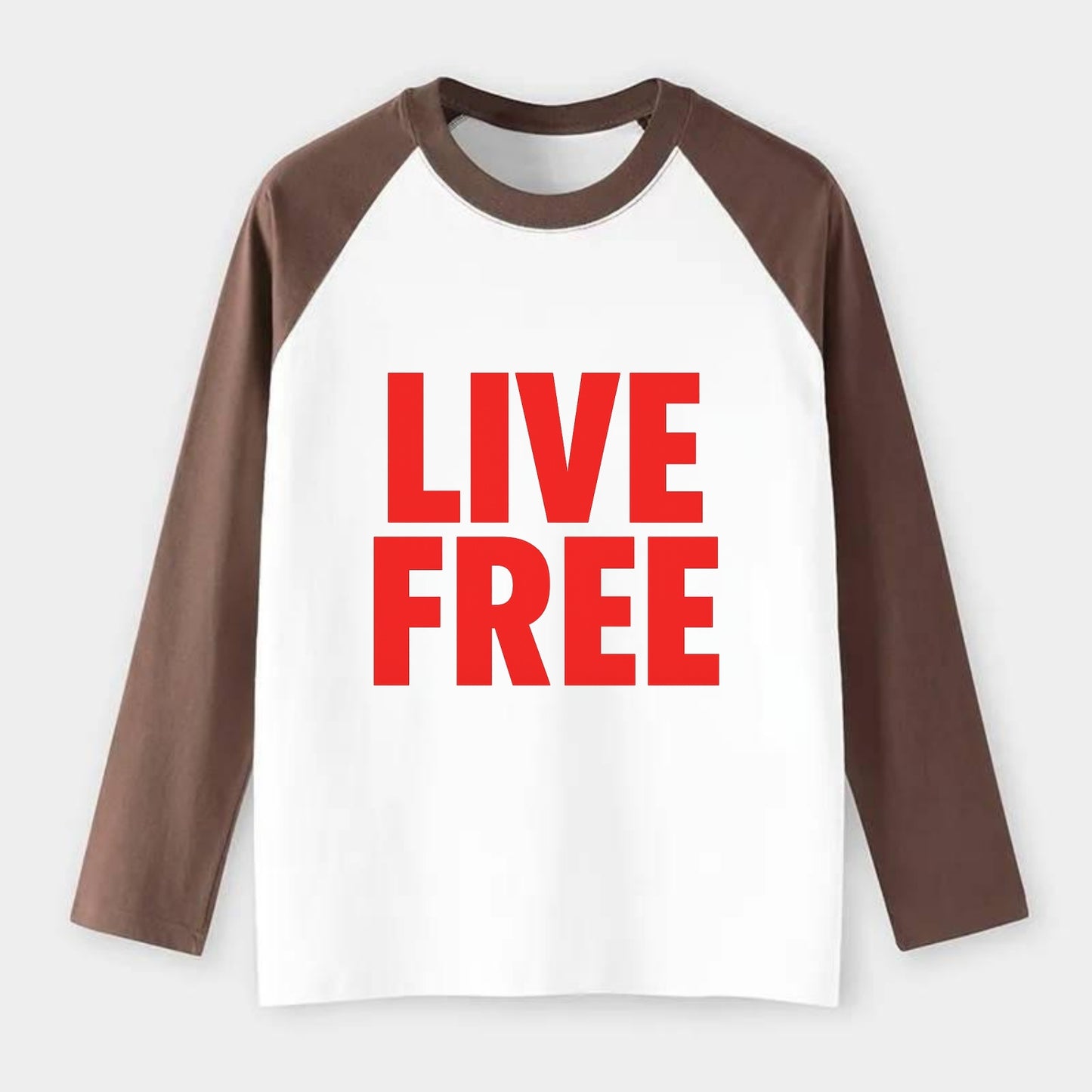 Bold typography design - "LIVE FREE" - unrestricted living - Raglan Long Sleeve T-Shirt - Coffee