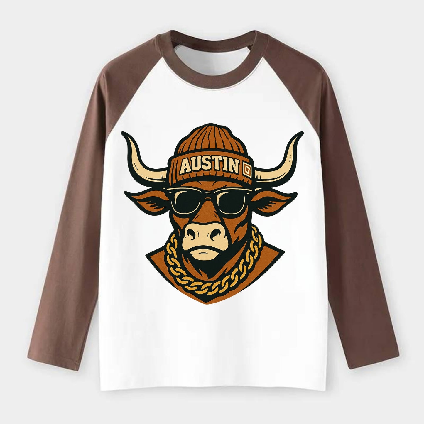 Austin Longhorn - Raglan Long Sleeve T-Shirt - Coffee