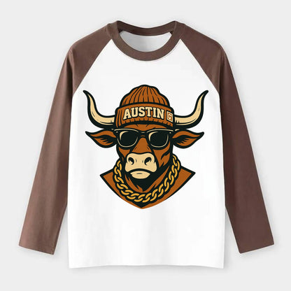 Austin Longhorn - Raglan Long Sleeve T-Shirt - Coffee