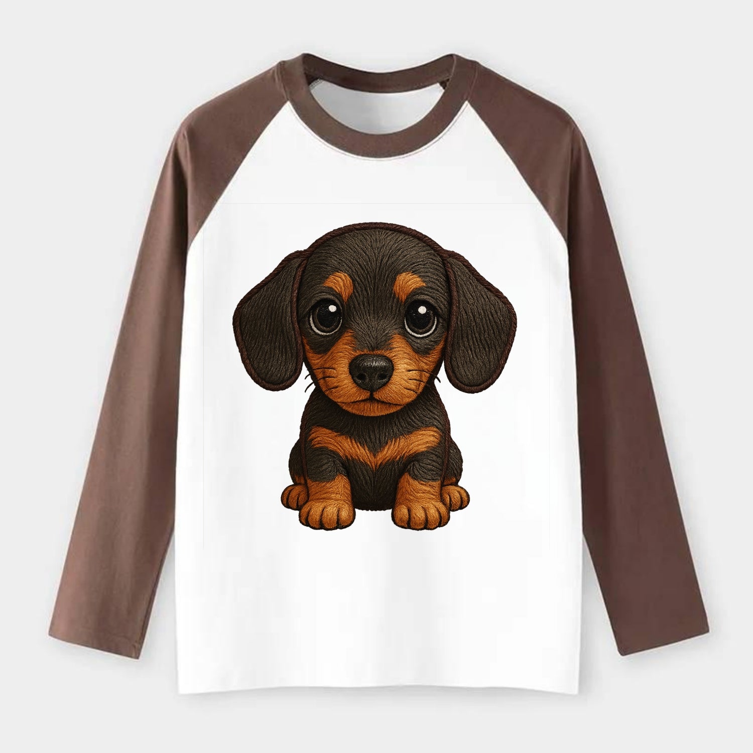 Baby Dachshund Puppy - long body, short legs, floppy ears, curious - Raglan Long Sleeve T-Shirt - Coffee
