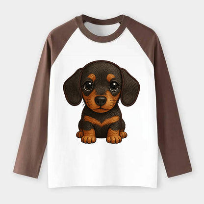 Baby Dachshund Puppy - long body, short legs, floppy ears, curious - Raglan Long Sleeve T-Shirt - Coffee