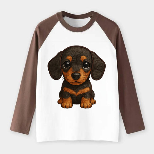 Baby Dachshund Puppy - long body, short legs, floppy ears, curious - Raglan Long Sleeve T-Shirt