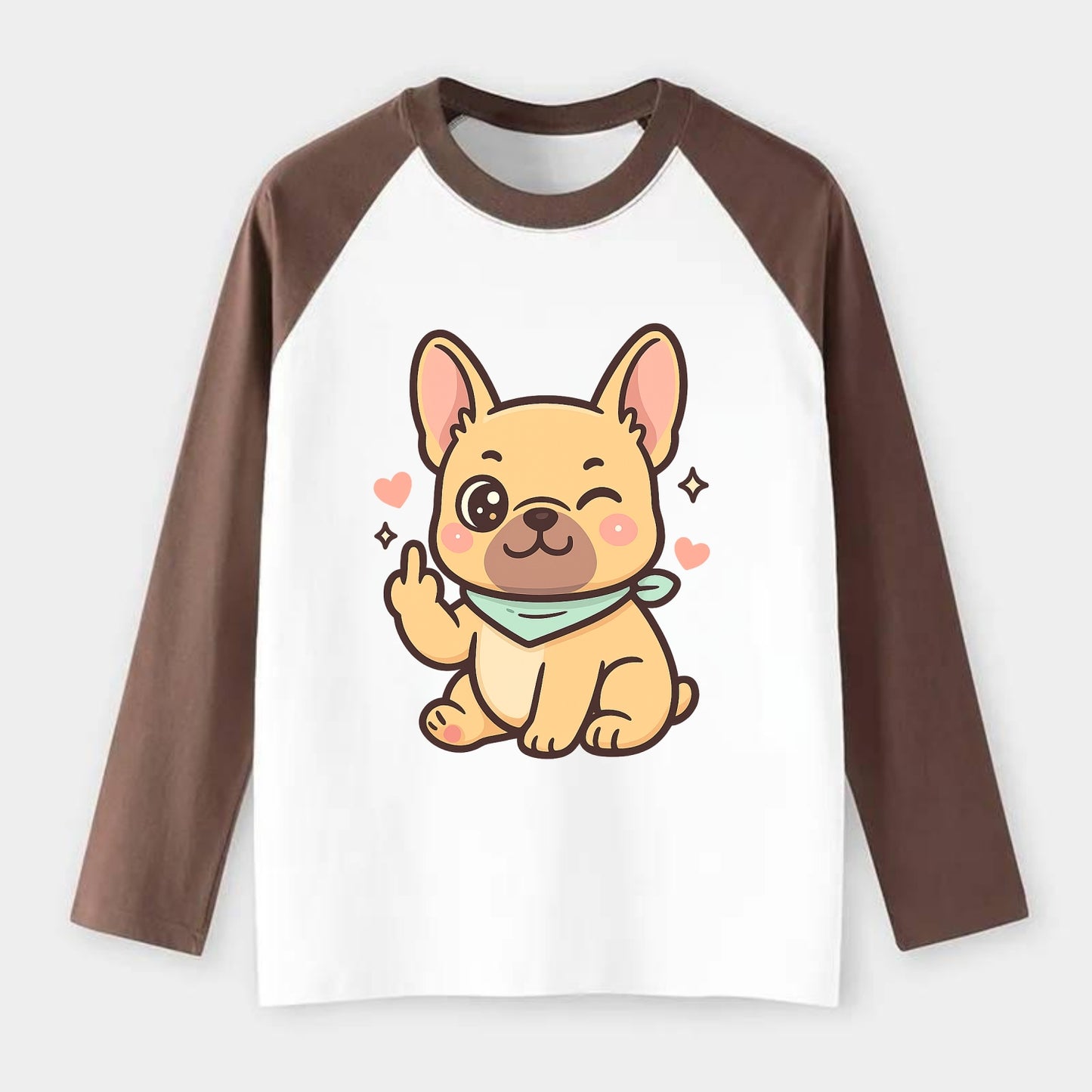 French Bulldog sitting with bat ears up, strong paw with sass - Raglan Long Sleeve T-Shirt - Coffee