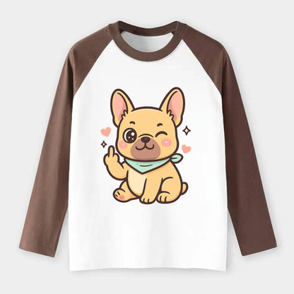 French Bulldog sitting with bat ears up, strong paw with sass - Raglan Long Sleeve T-Shirt - Coffee