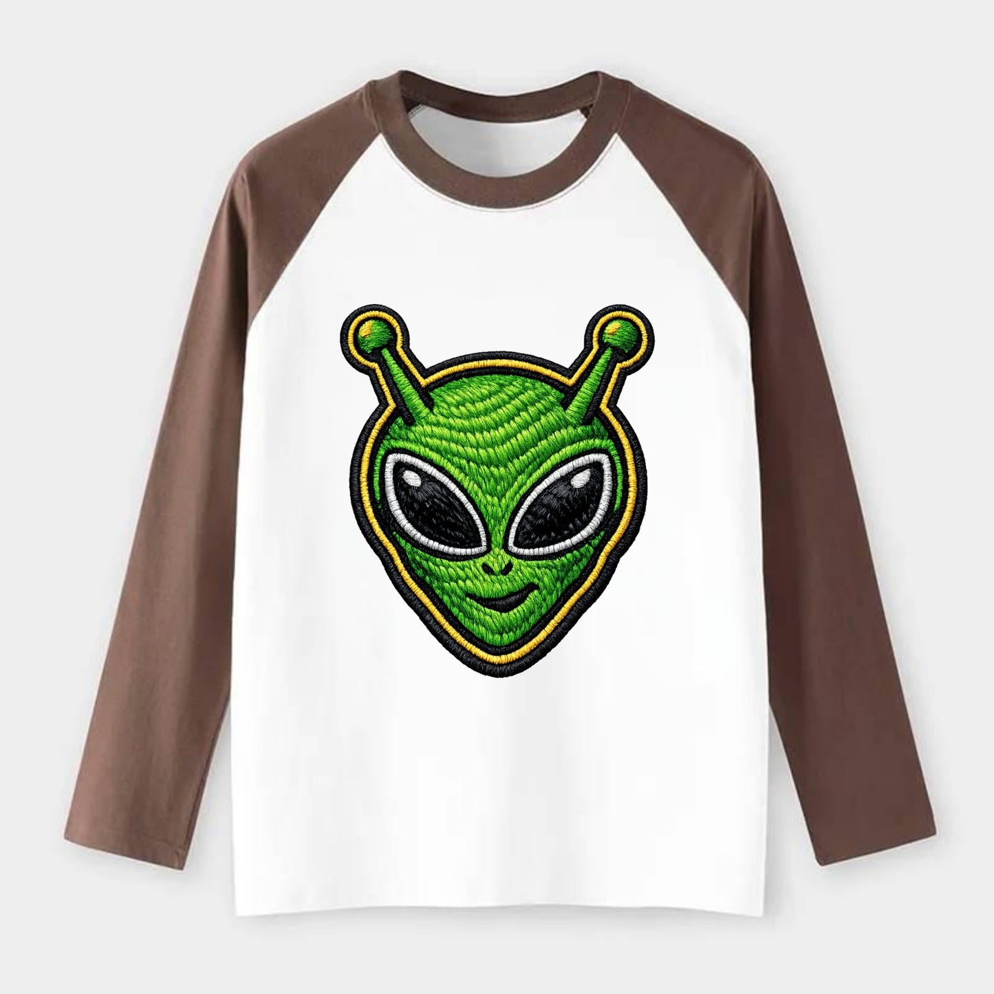 ALIEN MARTIAN - green alien with antenna in green , little green man - Raglan Long Sleeve T-Shirt - Coffee