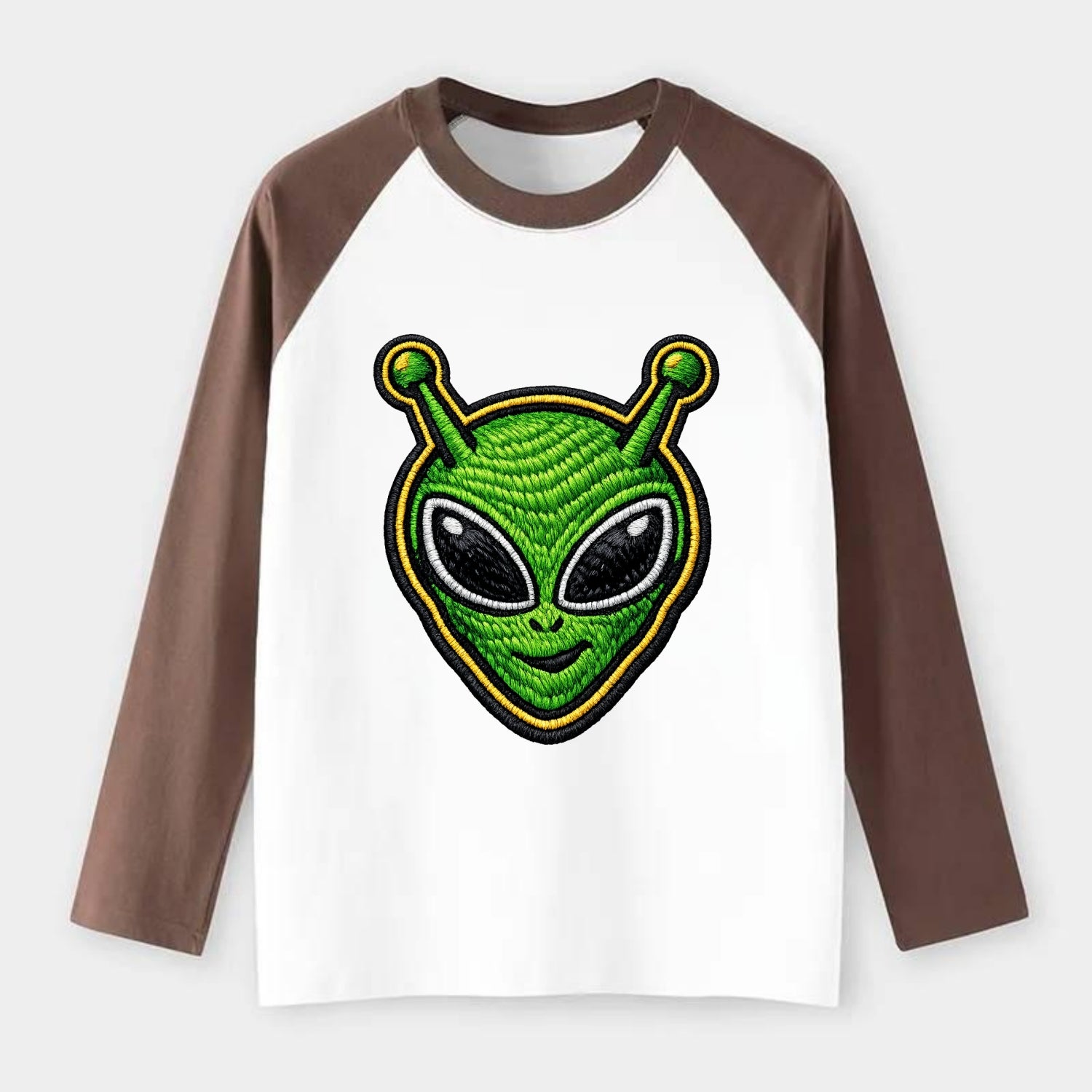 ALIEN MARTIAN - green alien with antenna in green , little green man - Raglan Long Sleeve T-Shirt - Coffee