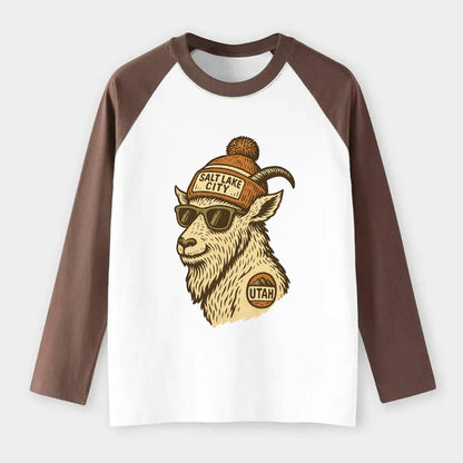 Utah Mountain Goat wearing Salt Lake City beanie with pom pom and - Raglan Long Sleeve T-Shirt - Coffee