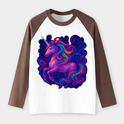 Magical unicorn with flowing rainbow gradient mane, iridescent horn - Raglan Long Sleeve T-Shirt - Coffee