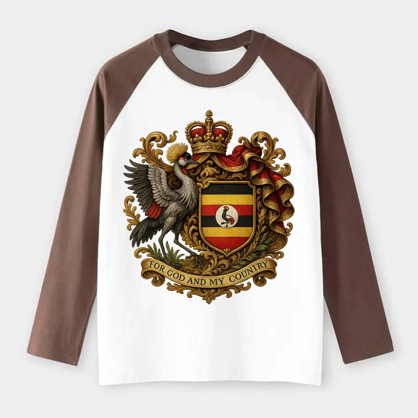 Uganda Crested Crane Emblem - Raglan Long Sleeve T-Shirt - Coffee