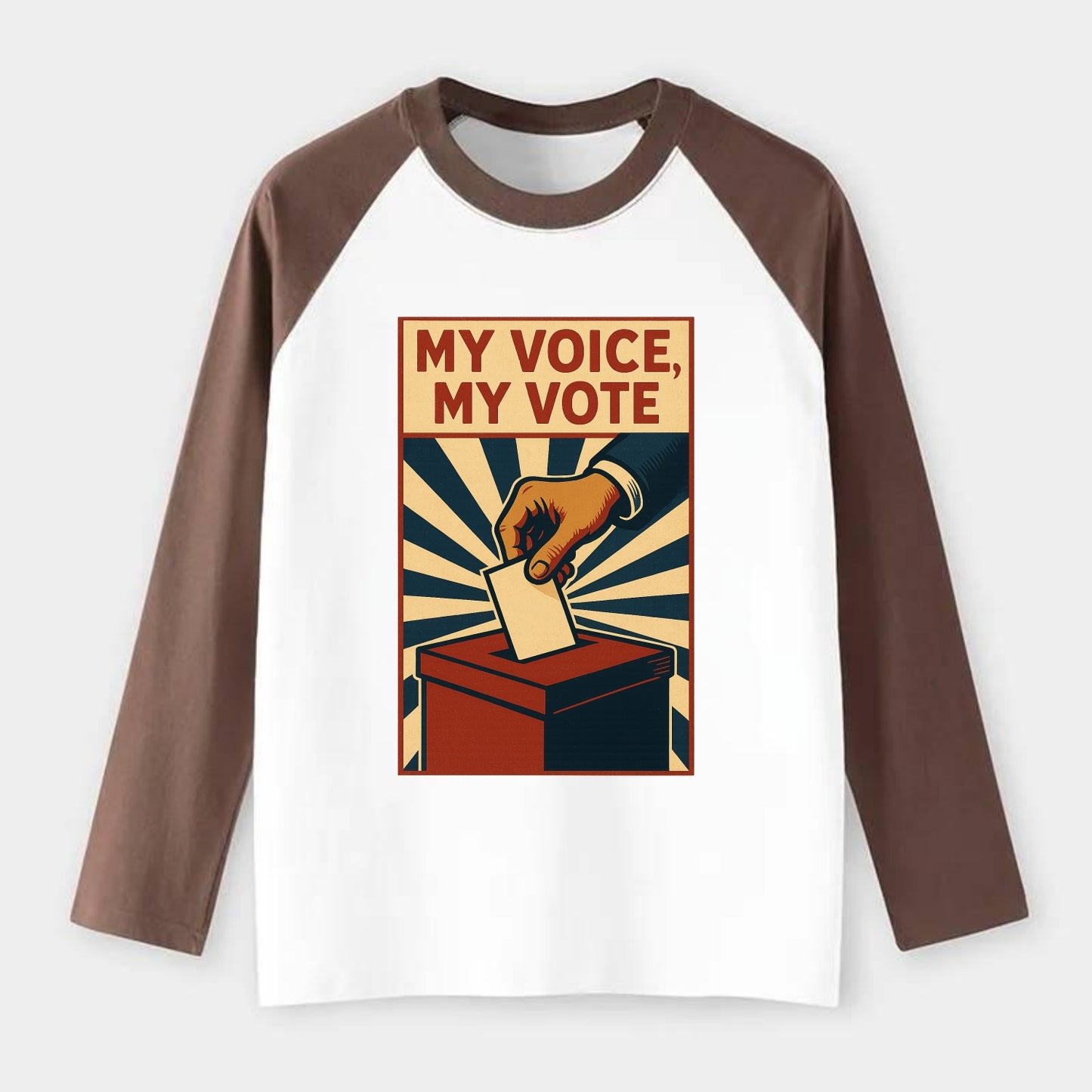 Hand dropping ballot into box with determination - "My Voice, My Vote" - Raglan Long Sleeve T-Shirt - Coffee