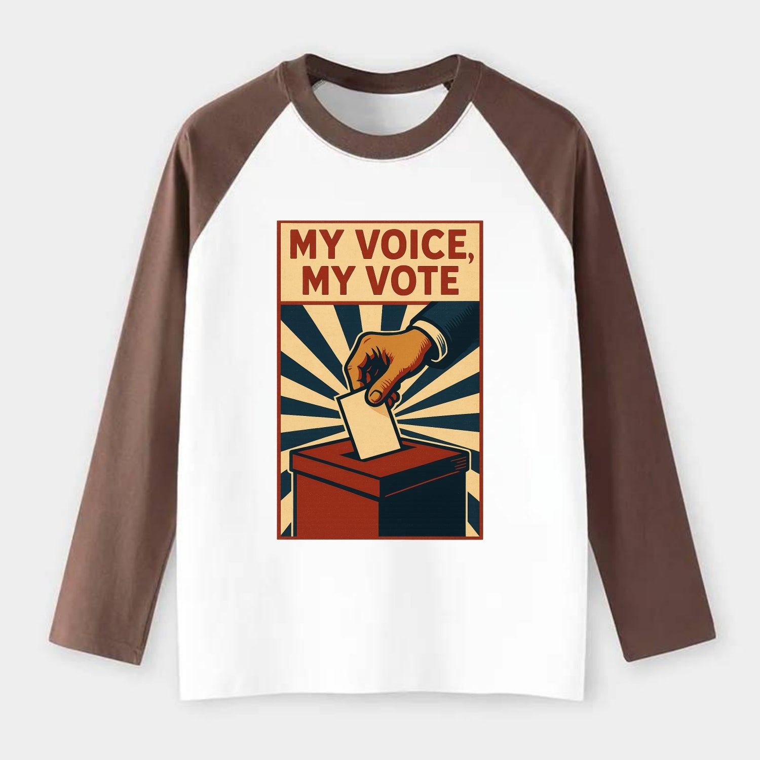 Hand dropping ballot into box with determination - "My Voice, My Vote" - Raglan Long Sleeve T-Shirt - Coffee