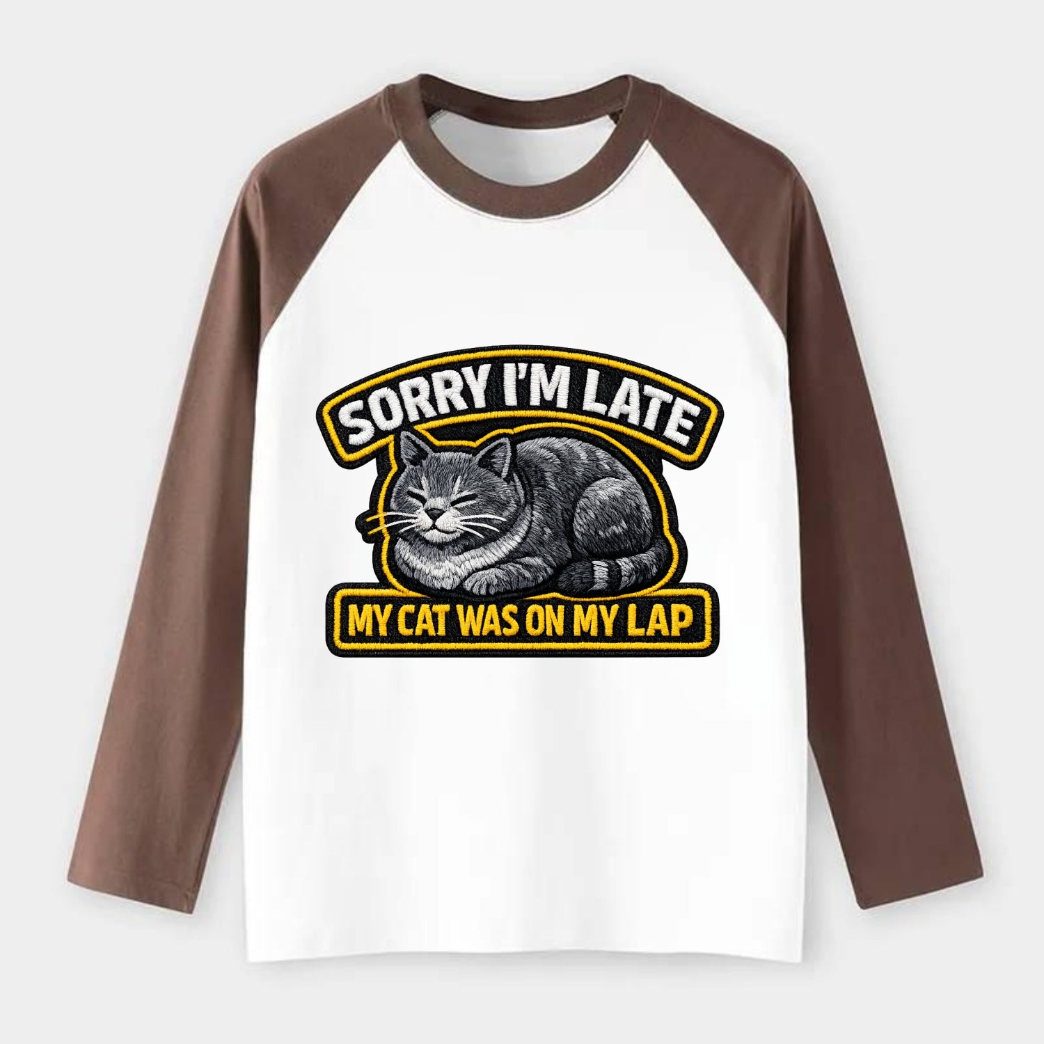 SORRY IM LATE MY CAT WAS ON MY LAP - cat loaf in gray , valid excuse - Raglan Long Sleeve T-Shirt - Coffee