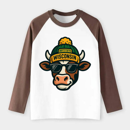 Wisconsin Cow wearing Packers beanie with Lambeau patch and wayfarer - Raglan Long Sleeve T-Shirt - Coffee