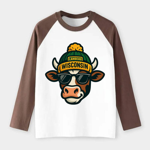 Wisconsin Cow wearing Packers beanie with Lambeau patch and wayfarer - Raglan Long Sleeve T-Shirt