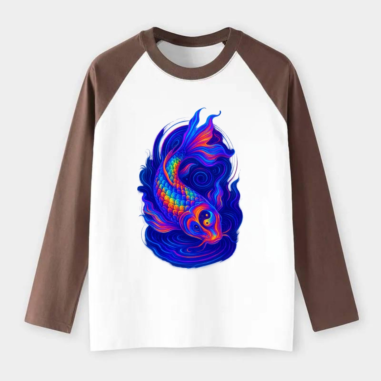 Sacred koi with scales reflecting rainbow prisms, yin-yang patterns in - Raglan Long Sleeve T-Shirt - Coffee