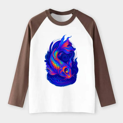 Sacred koi with scales reflecting rainbow prisms, yin-yang patterns in - Raglan Long Sleeve T-Shirt - Coffee