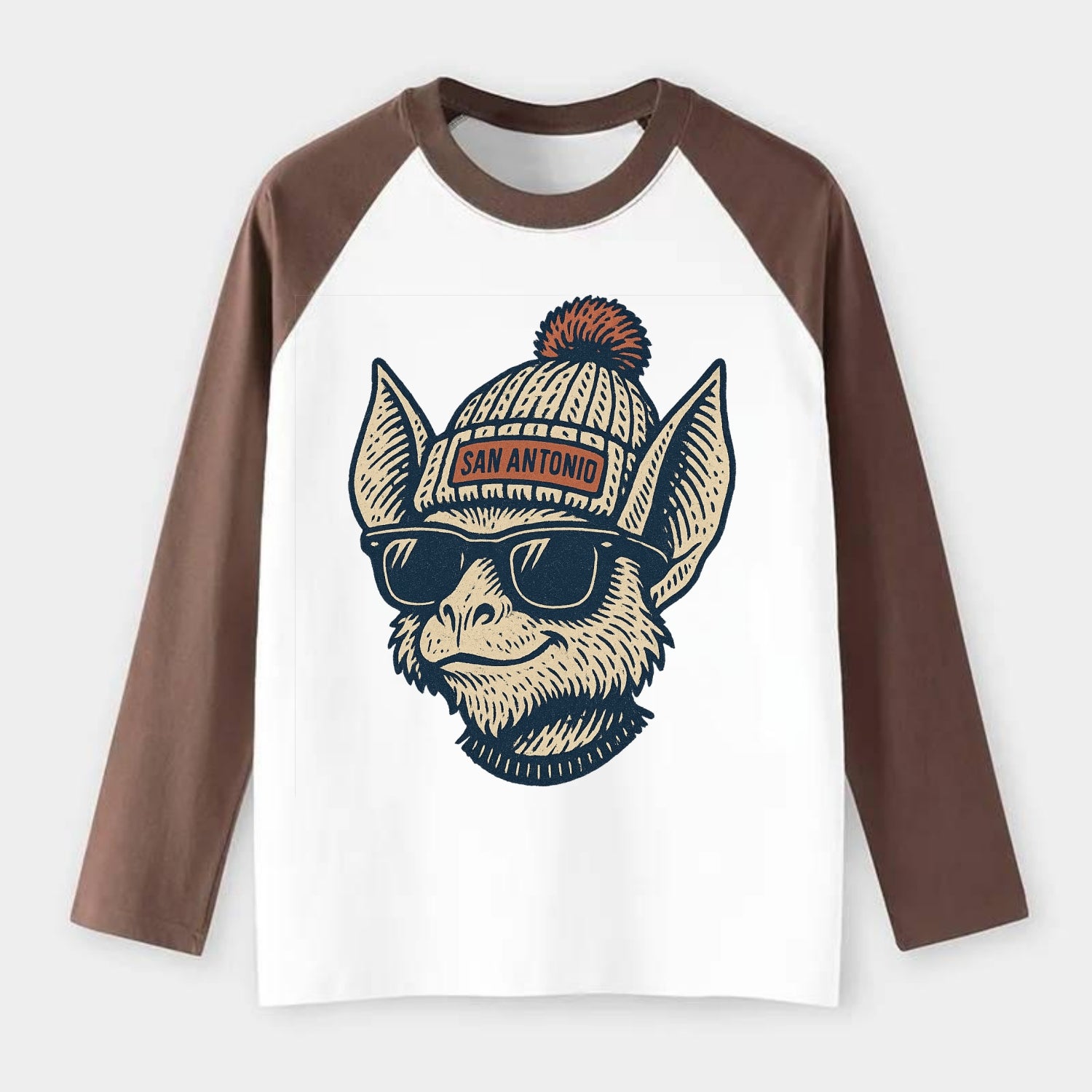 San Antonio Bat wearing San Antonio beanie with pom pom and wayfarer - Raglan Long Sleeve T-Shirt - Coffee