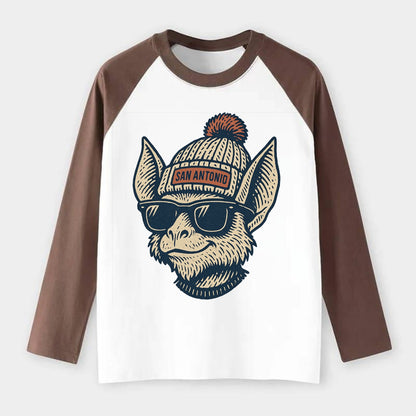 San Antonio Bat wearing San Antonio beanie with pom pom and wayfarer - Raglan Long Sleeve T-Shirt - Coffee