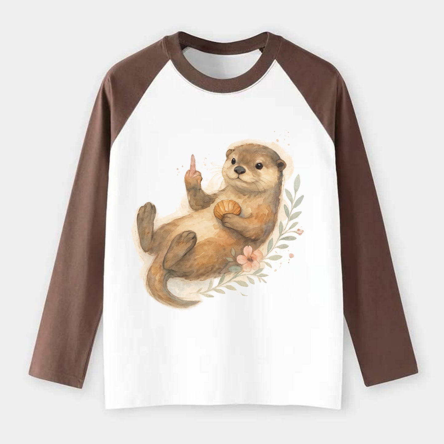 adorable otter floating on back, middle finger up while holding a - Raglan Long Sleeve T-Shirt - Coffee