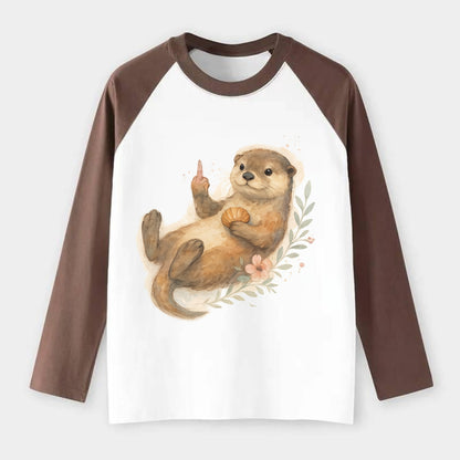 adorable otter floating on back, middle finger up while holding a - Raglan Long Sleeve T-Shirt - Coffee