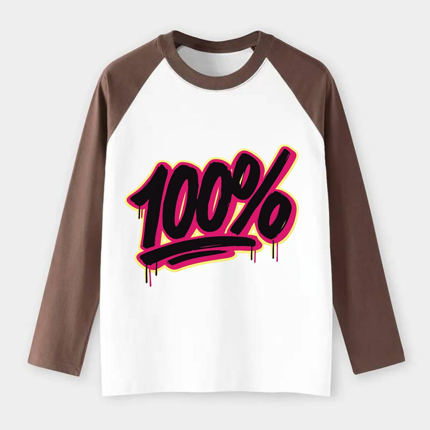 Bold typography design - "100%" - all in, fully committed - Raglan Long Sleeve T-Shirt - Coffee