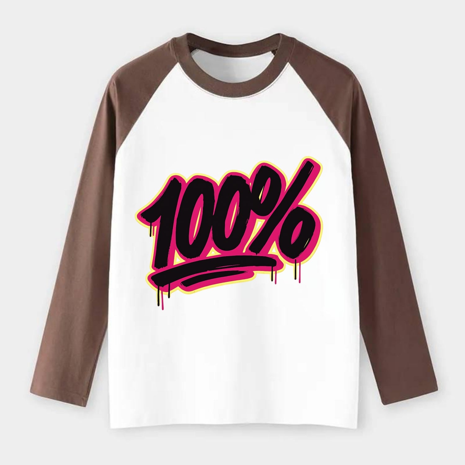 Bold typography design - "100%" - all in, fully committed - Raglan Long Sleeve T-Shirt - Coffee