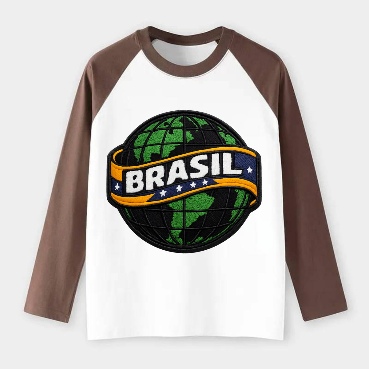 BRAZILIAN FLAG GLOBE - green globe with banner in green yellow blue , - Raglan Long Sleeve T-Shirt - Coffee