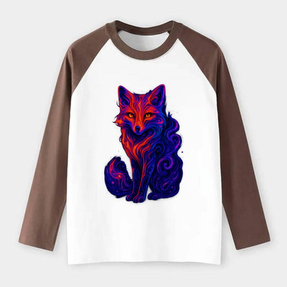 Clever fox with tail dissolving into cosmic nebula swirls, orange to - Raglan Long Sleeve T-Shirt - Coffee