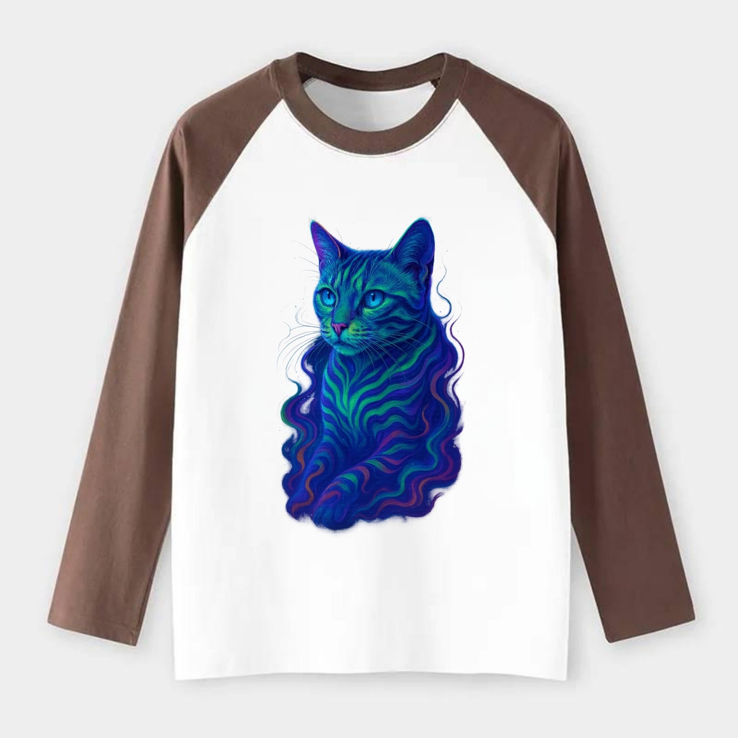 Exotic Bengal cat with aurora borealis colors flowing through its - Raglan Long Sleeve T-Shirt - Coffee
