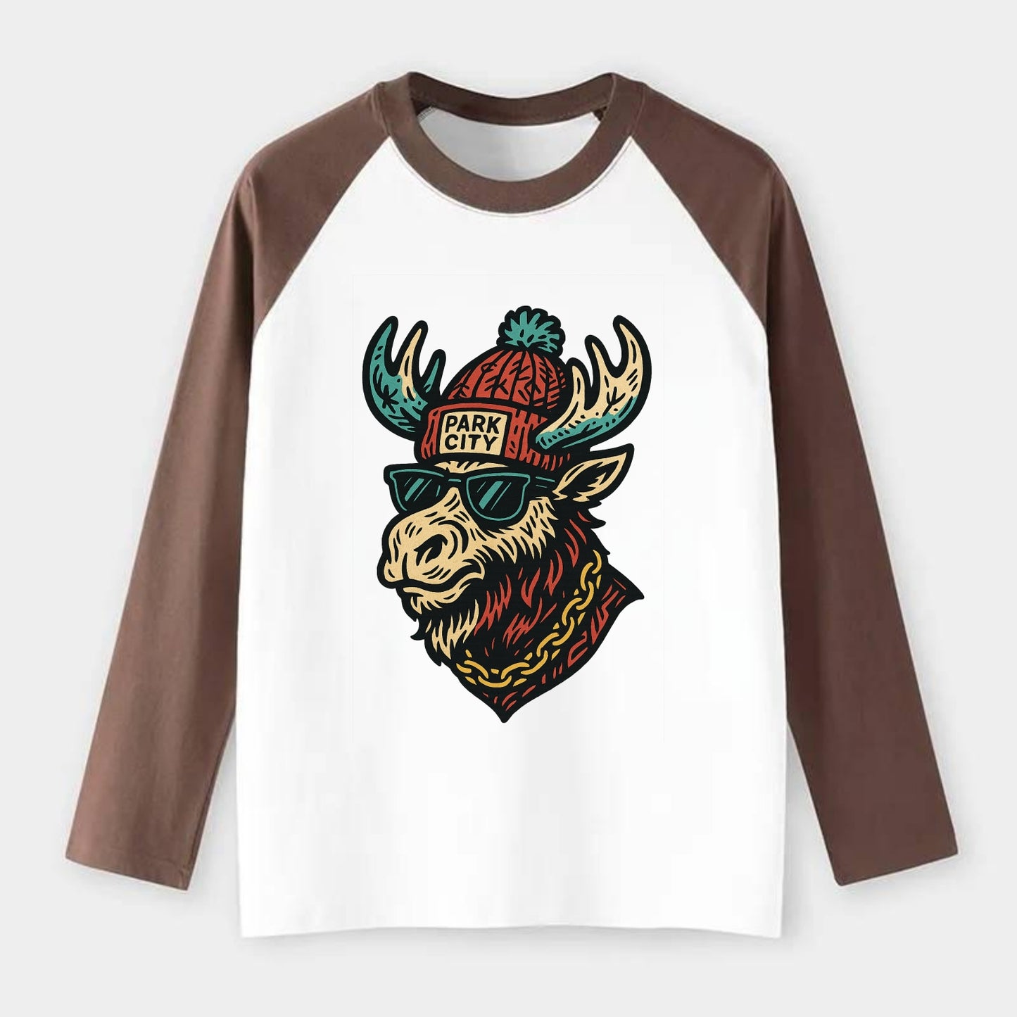 Park City Moose wearing Park City beanie with pom pom and wayfarer - Raglan Long Sleeve T-Shirt - Coffee
