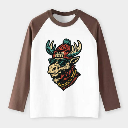Park City Moose wearing Park City beanie with pom pom and wayfarer - Raglan Long Sleeve T-Shirt - Coffee