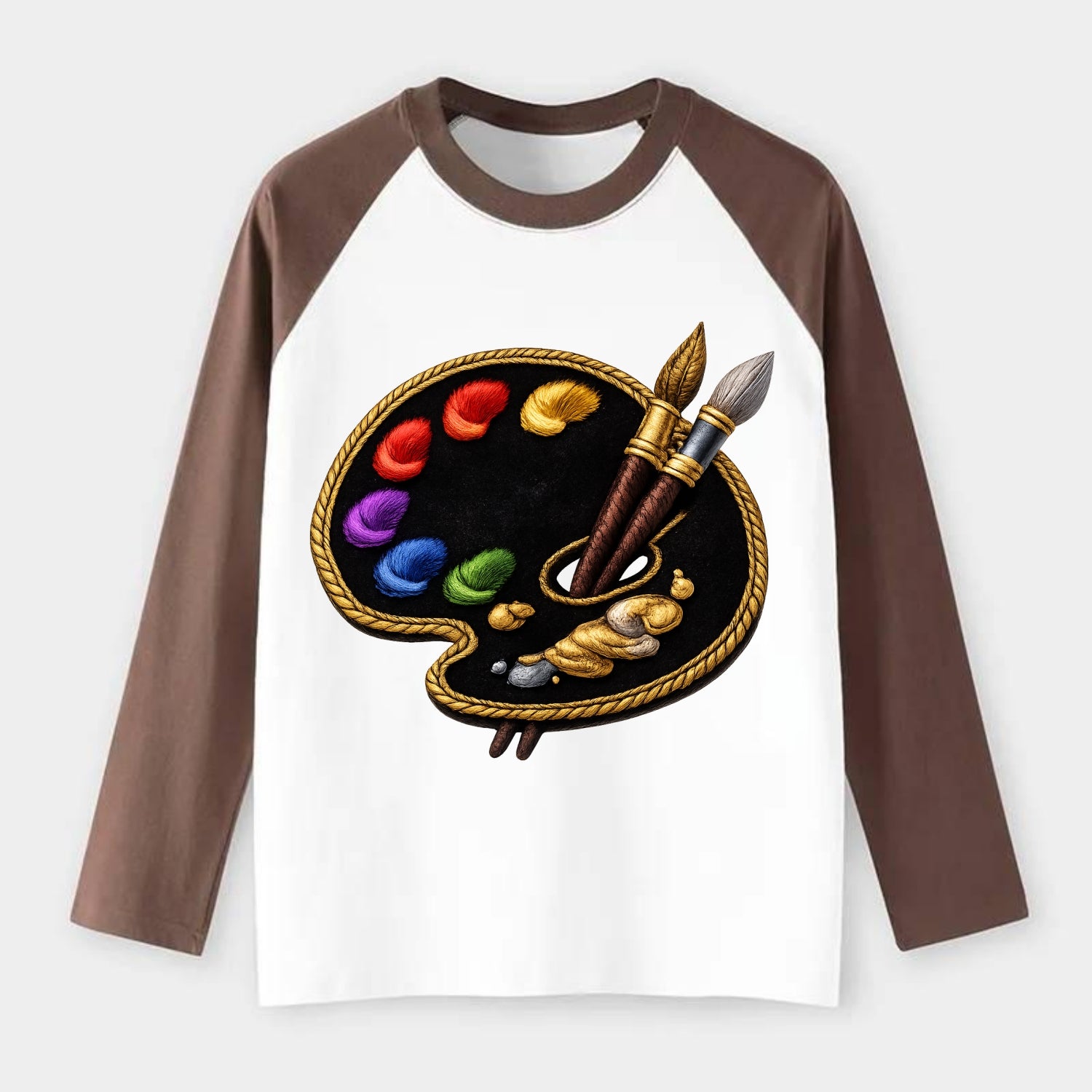 PAINT PALETTE - artist palette with brushes in rainbow and brown , - Raglan Long Sleeve T-Shirt - Coffee