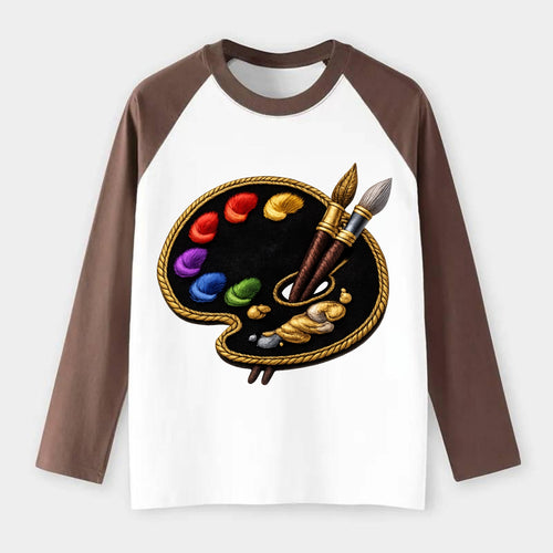 PAINT PALETTE - artist palette with brushes in rainbow and brown , - Raglan Long Sleeve T-Shirt