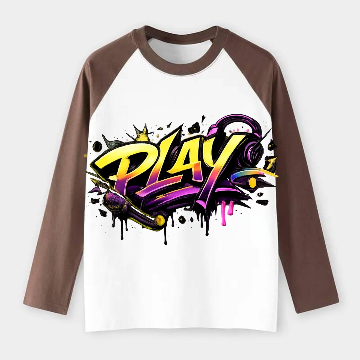 Bold typography design - "PLAY" - creative expression, musical - Raglan Long Sleeve T-Shirt - Coffee
