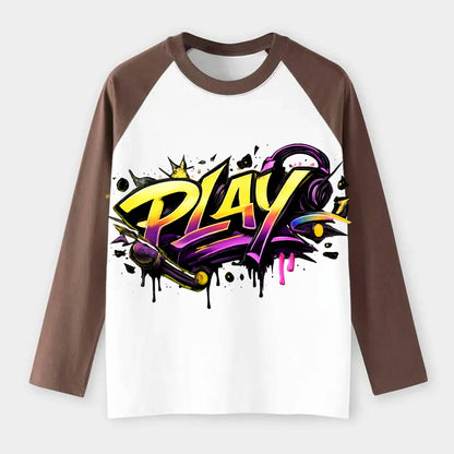 Bold typography design - "PLAY" - creative expression, musical - Raglan Long Sleeve T-Shirt - Coffee