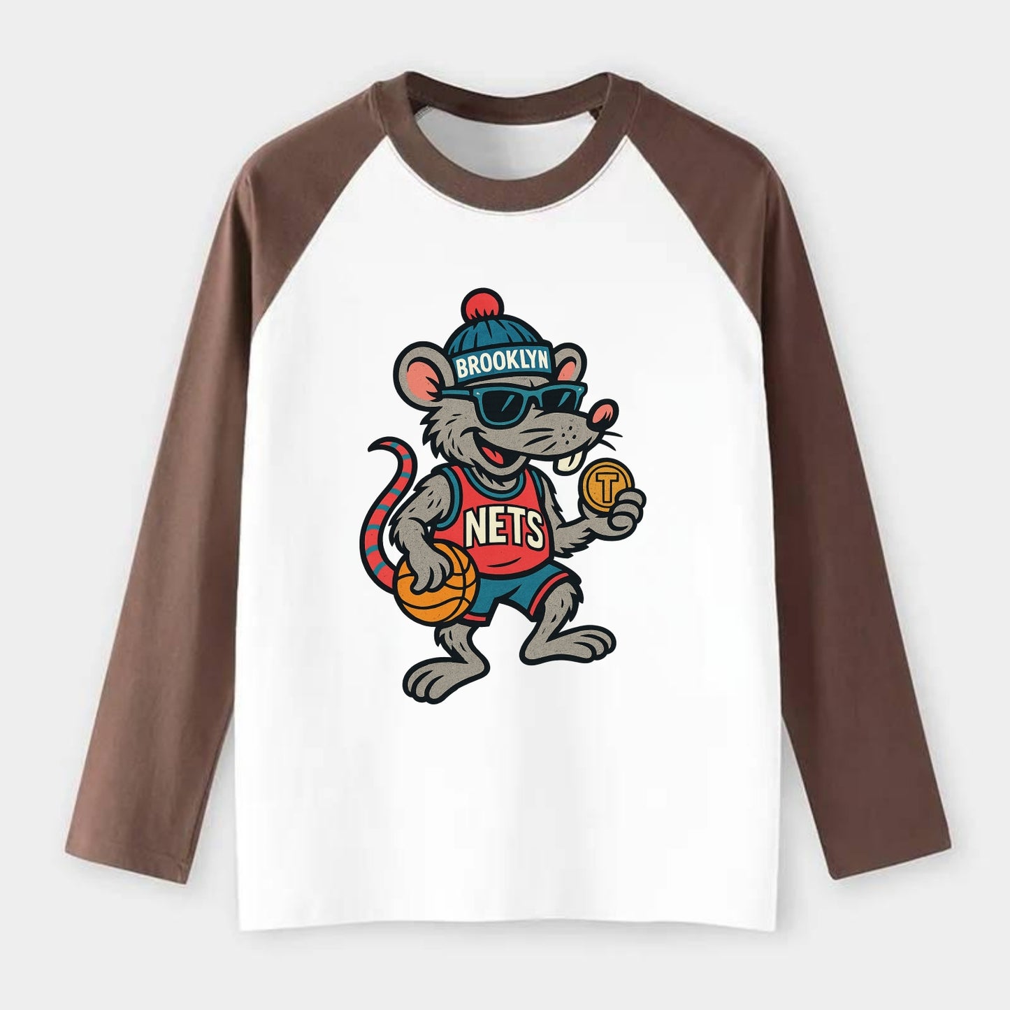 Brooklyn Rat wearing Nets beanie with subway token and wayfarer - Raglan Long Sleeve T-Shirt - Coffee