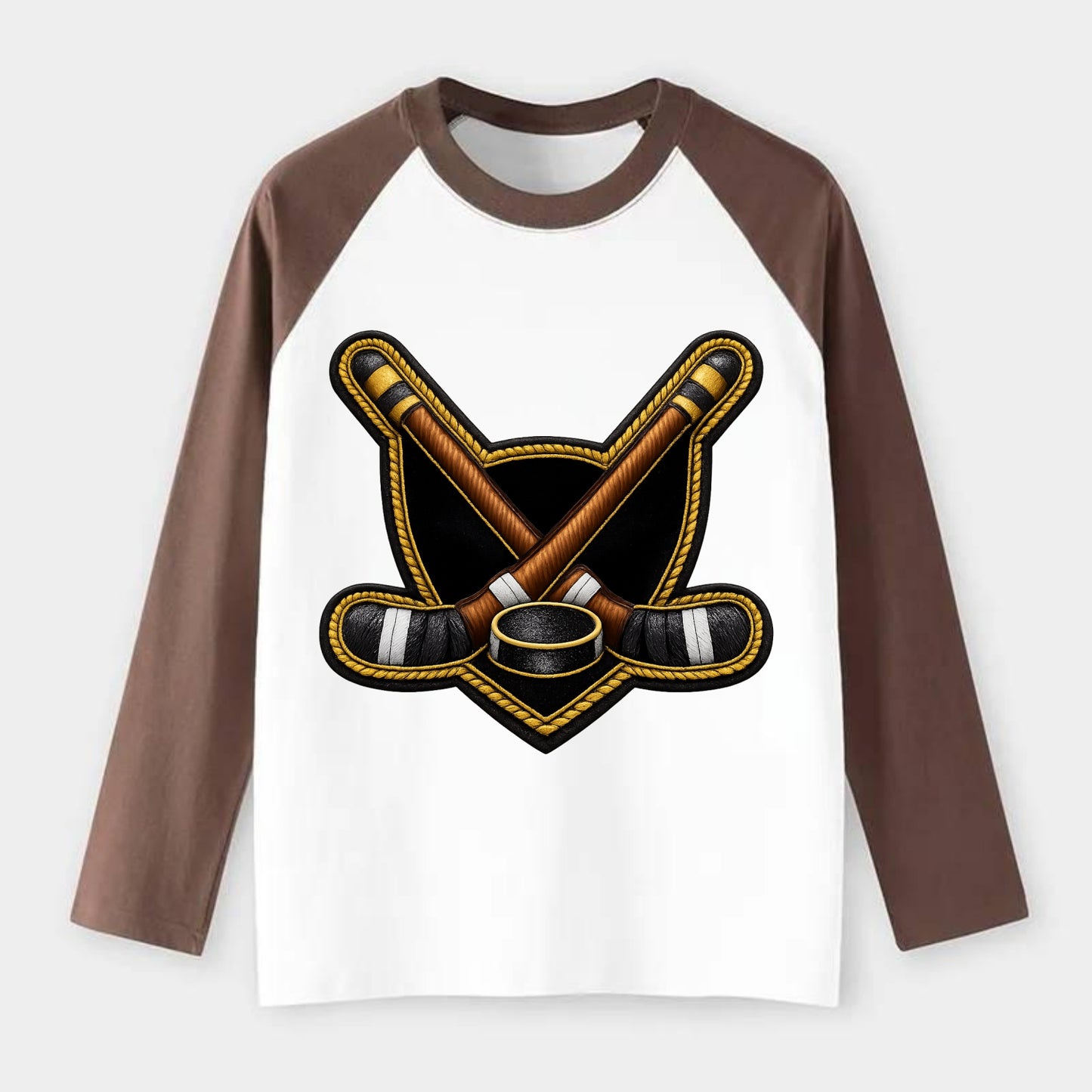 Embroidered patch design - HOCKEY CROSSED STICKS - ice hockey sticks - Raglan Long Sleeve T-Shirt - Coffee