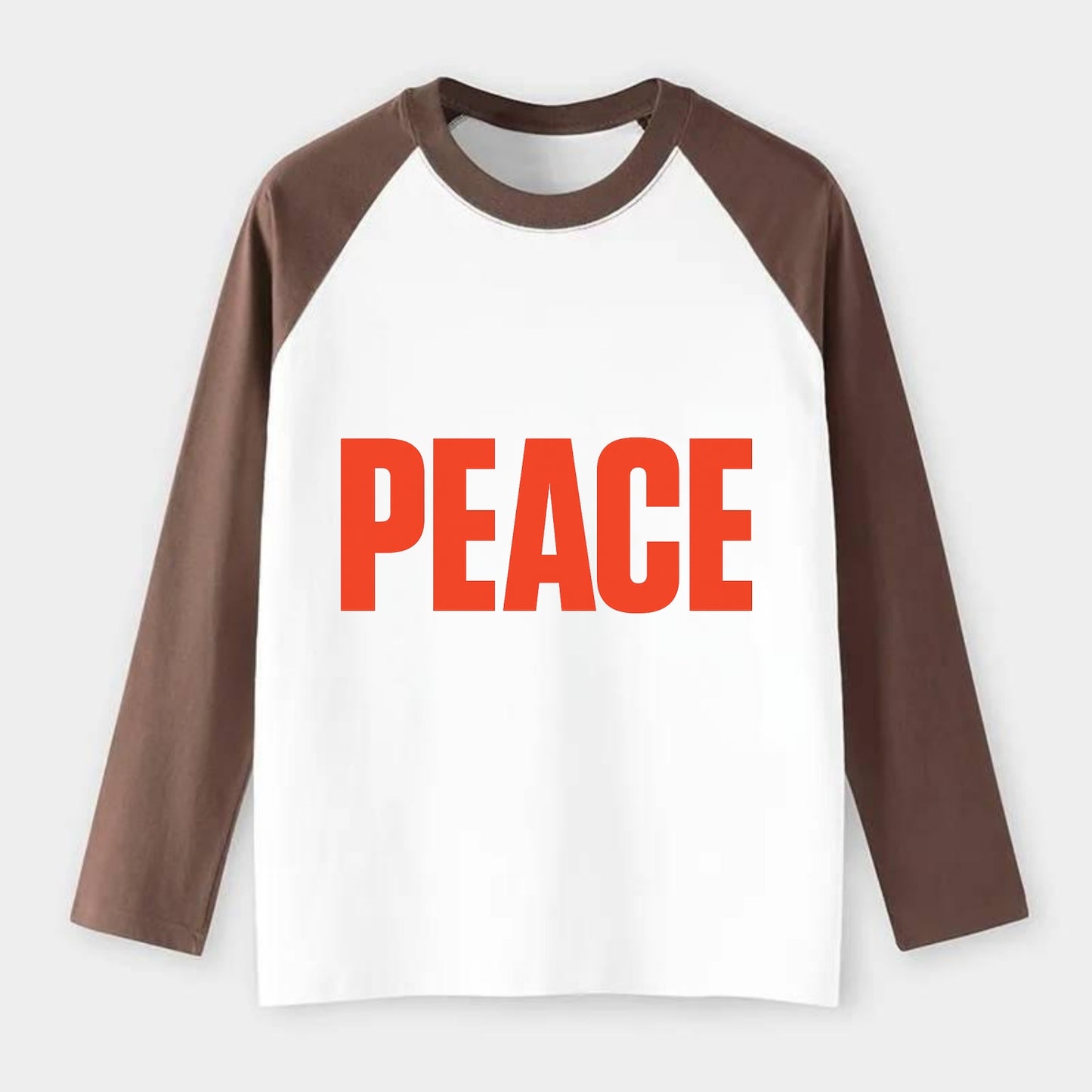 Bold typography design - "PEACE" - inner calm, tranquility, serenity - Raglan Long Sleeve T-Shirt - Coffee