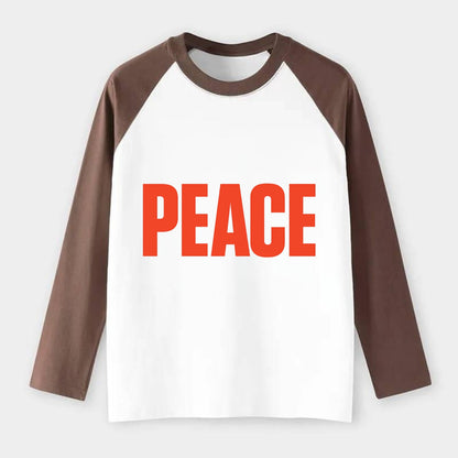 Bold typography design - "PEACE" - inner calm, tranquility, serenity - Raglan Long Sleeve T-Shirt - Coffee
