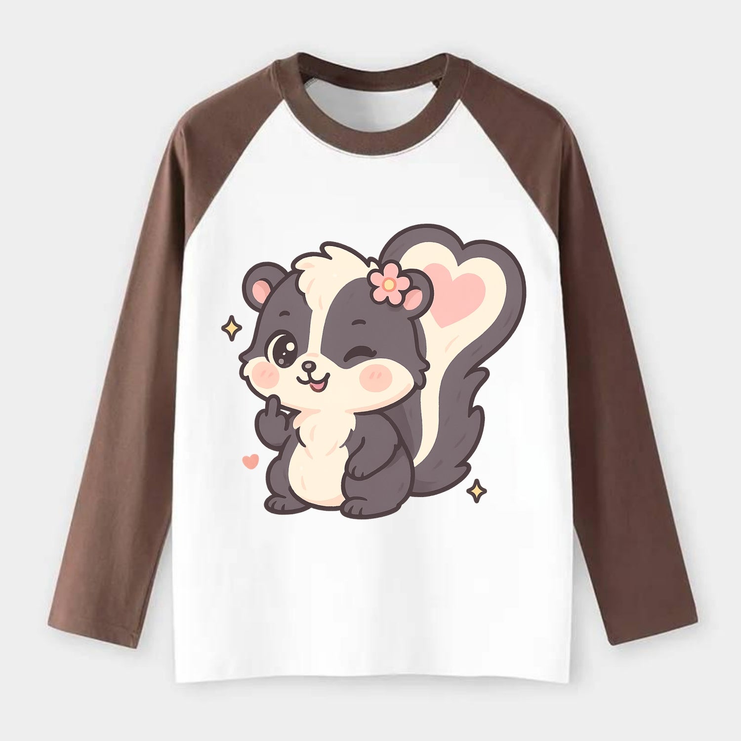fluffy skunk with heart-shaped tail pattern, one paw up showing sass - Raglan Long Sleeve T-Shirt - Coffee
