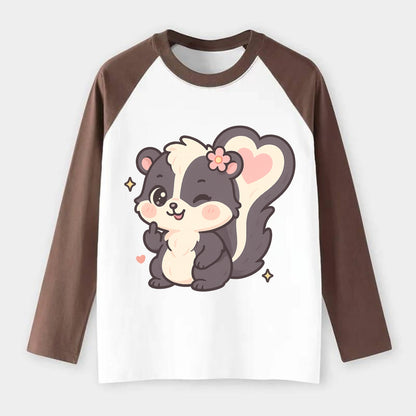 fluffy skunk with heart-shaped tail pattern, one paw up showing sass - Raglan Long Sleeve T-Shirt - Coffee