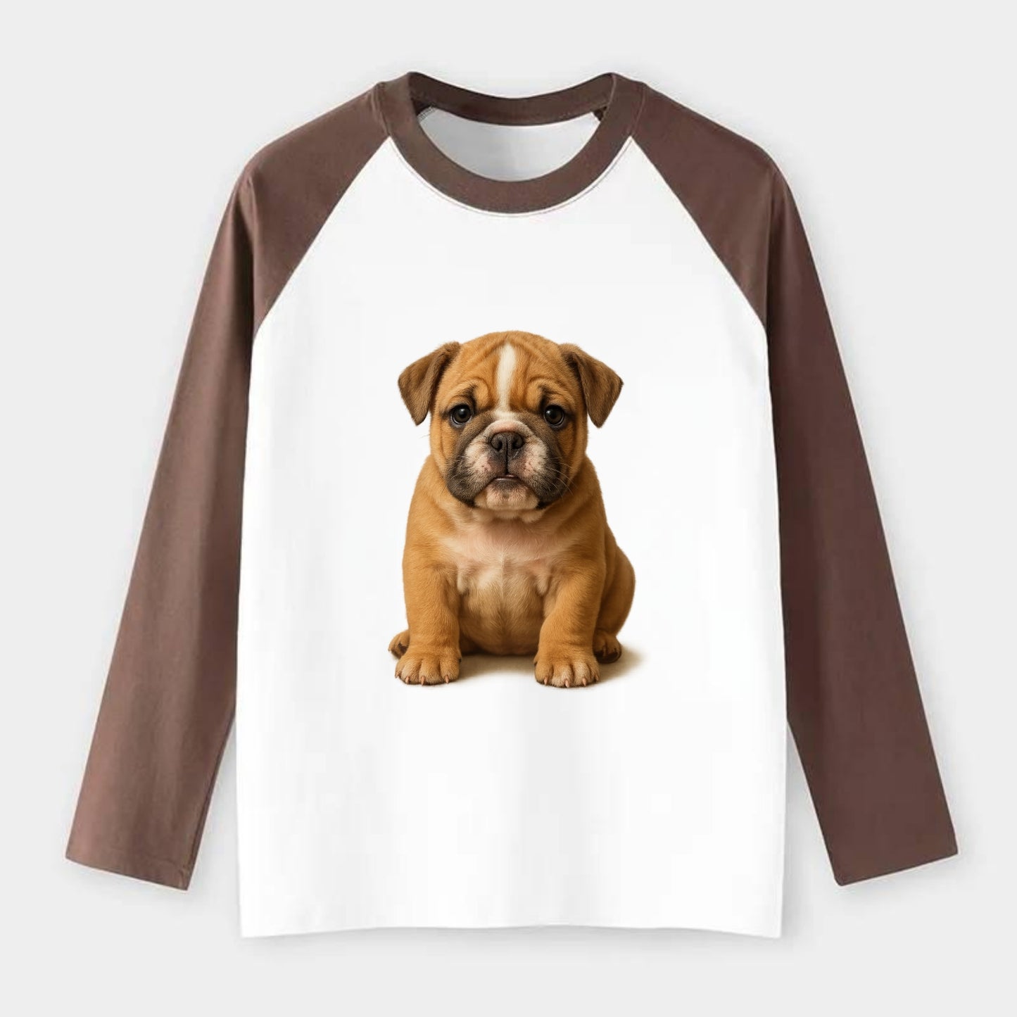 Baby Bulldog Puppy - wrinkly face, underbite, stocky body, gentle - Raglan Long Sleeve T-Shirt - Coffee