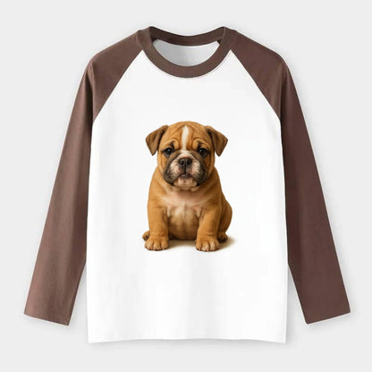 Baby Bulldog Puppy - wrinkly face, underbite, stocky body, gentle - Raglan Long Sleeve T-Shirt - Coffee