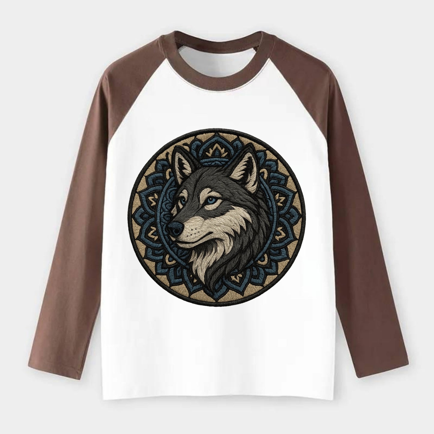 Mandala Wolf Pattern  - Raglan Long Sleeve T-Shirt - Coffee