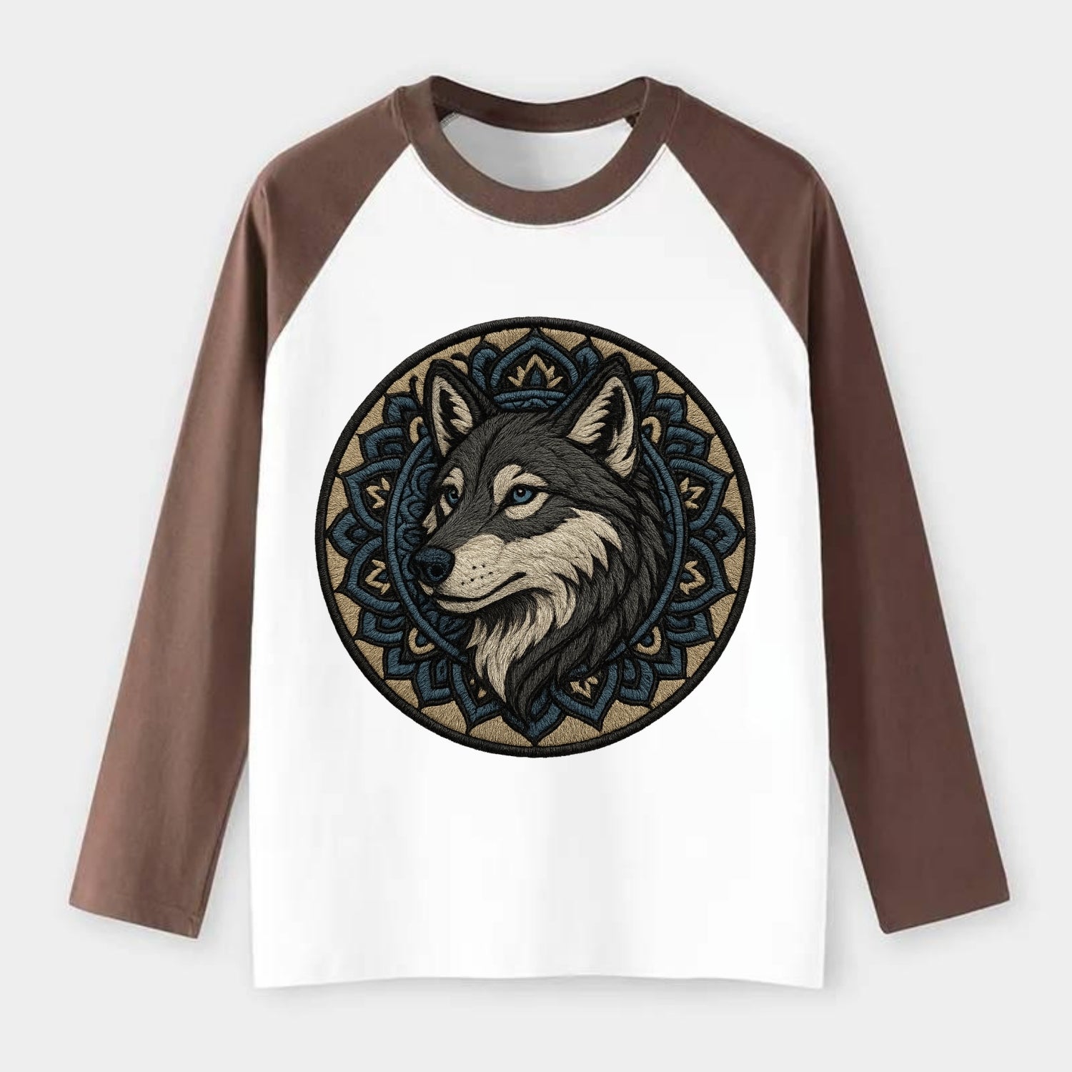 Mandala Wolf Pattern  - Raglan Long Sleeve T-Shirt - Coffee