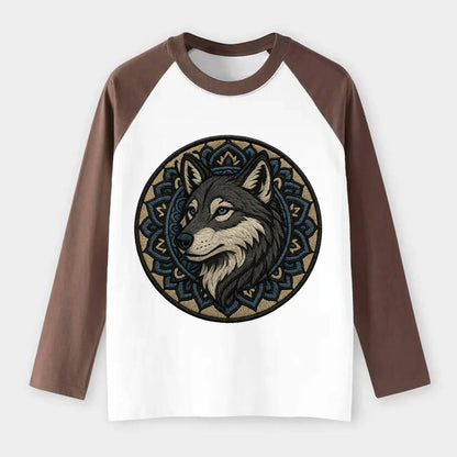 Mandala Wolf Pattern  - Raglan Long Sleeve T-Shirt - Coffee