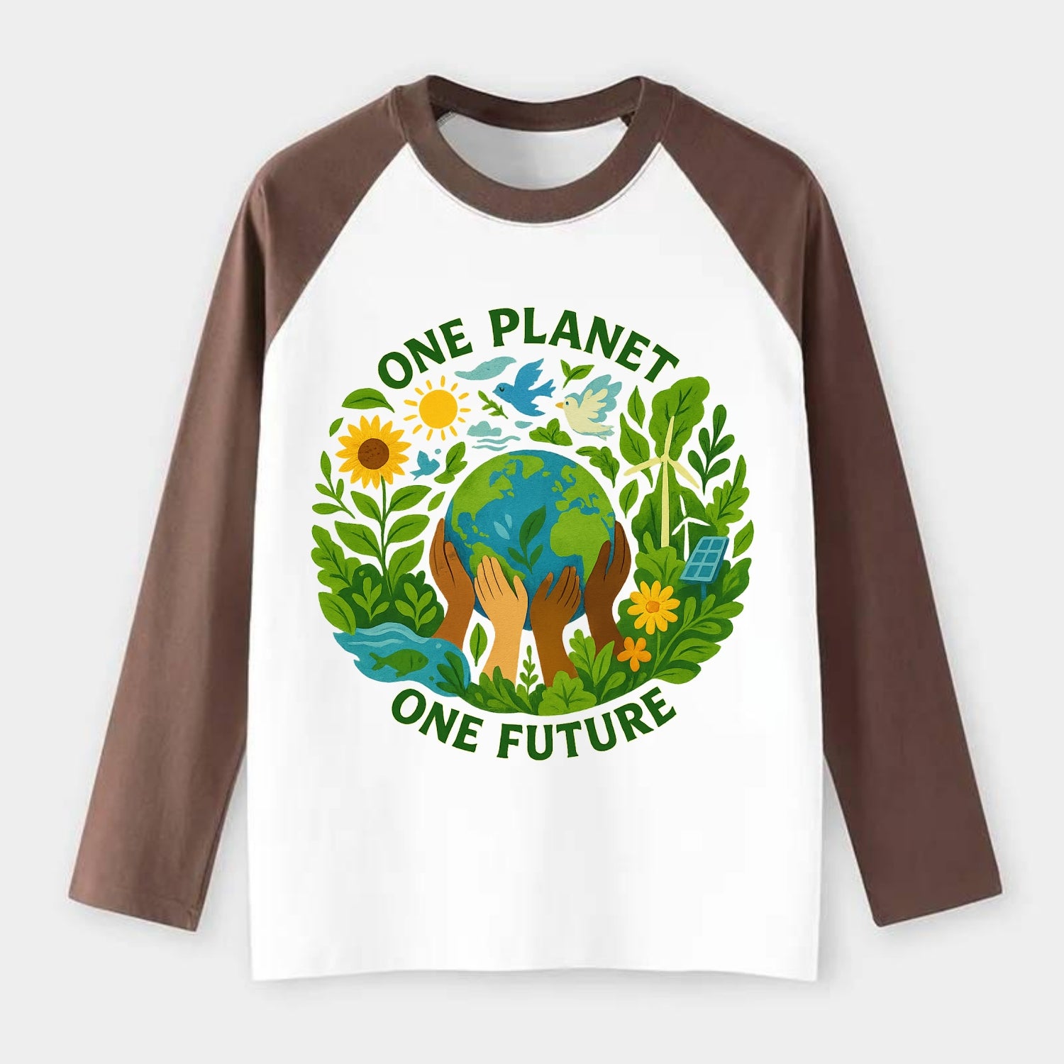 Globe surrounded by hands of all colors working together - "One - Raglan Long Sleeve T-Shirt - Coffee