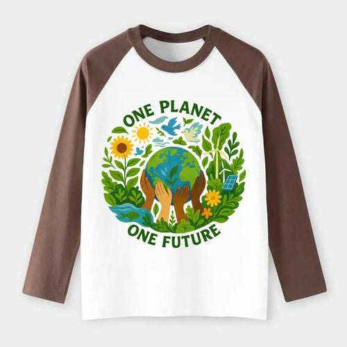 Globe surrounded by hands of all colors working together - One - Raglan Long Sleeve T-Shirt
